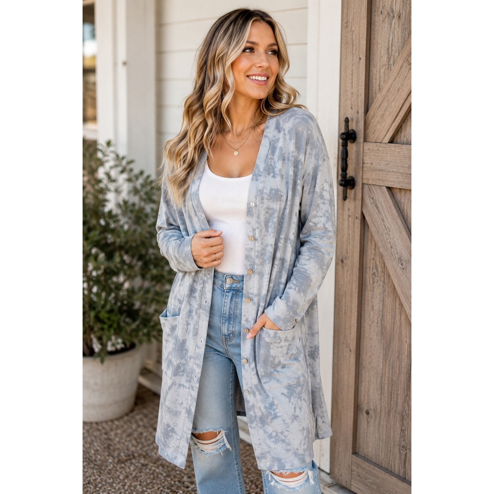 Agnes & Dora Womens XL Grey Tie Dye Button Front Longline Cardigan Sweater NWT